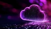 Glowing purple cloud shape formed by luminous particles with streaming light trails against dark background, representing digital cloud computing technology.