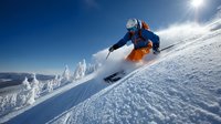 Professional skier in blue jacket and orange pants carving through fresh powder snow on sunny mountain slope with snow-covered trees in background.
