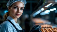 Young female chef in protective cap and uniform inspecting freshly baked pastries on production line, professional bakery manufacturing process in modern facility.