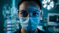 Female surgeon wearing protective mask and safety glasses in modern operating room with surgical lights and medical equipment in background.