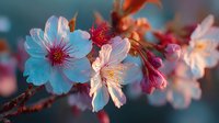 Cherry blossom flowers blooming on branch with soft pink and blue petals in spring garden. Delicate sakura blossoms with warm sunlight creating dreamy bokeh background.