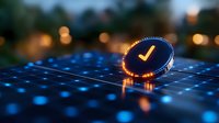 Glowing checkmark symbol on digital grid surface with bokeh lights background, representing digital verification and technology acceptance concept.