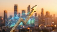 Financial growth chart with golden arrow trending upward over blurred city skyline at sunset, representing business success and market performance analytics.