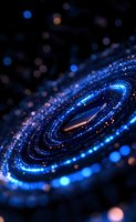 Spiral galaxy with glowing blue particles and stardust against dark background, cosmic energy swirling in space creating mesmerizing astronomical formation.