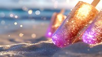 Glowing ice pops with pink and orange gradient colors against sparkling beach sand at sunset, creating magical summer treat atmosphere with bokeh light effects.