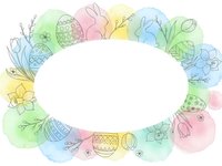 Easter frame with decorated eggs, bunny, flowers and spring elements on watercolor background for greeting cards and seasonal designs.