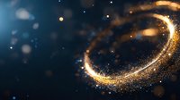 Magical glowing golden spiral with sparkling particles and light trails against dark blue background creates mystical atmosphere for festive designs.