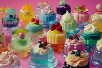 Colorful miniature desserts with fruit toppings arranged on glass pedestals against pink background, showcasing variety of pastry creations for confectionery advertising.
