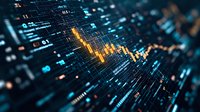 Digital financial data visualization with glowing orange trading charts and market analytics on dark blue technology background for business presentations.