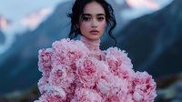 Young Asian woman with dark hair holding large bouquet of pink peonies against mountain landscape background in moody atmospheric lighting.