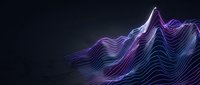 Neon purple and blue glowing wave lines flowing across dark background, creating abstract digital landscape with luminous ripple effect for modern design projects.