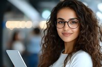 Young mixed race businesswoman with curly hair and glasses holding digital tablet, smiling confidently in modern office environment. Professional portrait.