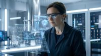Female scientist in lab coat analyzes holographic data displays in futuristic research facility, showcasing advanced technology and innovation.