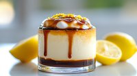 Layered dessert with caramel sauce dripping down creamy cheesecake, topped with crushed pistachios in glass container, fresh lemons beside for garnish.