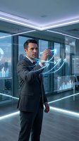 Caucasian male businessman in dark suit analyzing financial data with glowing charts and upward arrows in modern office with city skyline view for business analytics and growth concepts.