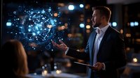 Caucasian businessman presenting digital globe hologram in dark office, demonstrating future technology and global connectivity concept at night meeting.