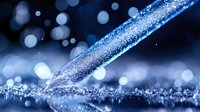 Frozen feather covered in frost crystals and morning dew drops against dark blue bokeh background with sparkling ice particles in winter macro photography.