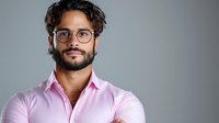 Young Hispanic professional man with beard and glasses wearing pink button-down shirt smiling confidently against gray background. Modern corporate portrait.