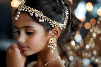 Young South Asian woman wearing traditional pearl and crystal headpiece and matching earrings against blurred bokeh lights, showcasing bridal jewelry and makeup.