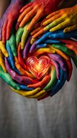 Multiple hands painted in rainbow colors arranged in a circle around a glowing heart symbol, representing unity, diversity, love, and togetherness for community campaigns.
