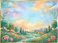 Watercolor fantasy landscape with village, river, flowers, and dreamy pastel sky, framed by golden swirls and lush greenery for cards or prints.