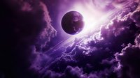 Dramatic purple space scene with dark planet silhouetted against bright light burst, surrounded by swirling cosmic clouds and atmospheric effects.