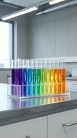 Colorful test tubes with rainbow liquids in laboratory rack on modern lab bench for scientific research and chemical analysis experiments.