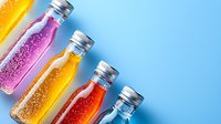 Colorful glass bottles with sparkling drinks arranged in diagonal line on blue background. Refreshing summer beverages with bubbles in transparent containers.