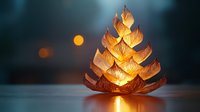 Glowing paper origami tree lamp with warm light illuminating layered leaves creates cozy atmosphere on dark background with bokeh lights.