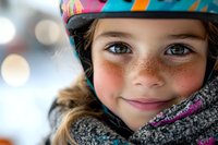 Young Caucasian girl with blue eyes wearing colorful winter helmet and knit scarf smiling outdoors during cold weather activities and winter sports.