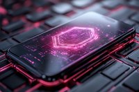 Smartphone displaying glowing pink hexagonal digital interface on computer keyboard, concept for cybersecurity and technology innovation.