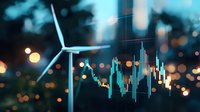 Wind turbine silhouette against blurred city lights with financial market graph overlay, representing renewable energy investment and sustainable power generation.