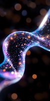 Glowing curved wave with sparkles and light trails on dark background, featuring vibrant blue and purple colors with bokeh effect. Abstract digital art concept.