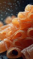 Fresh salmon fillet macro with water drops, showing detailed texture of raw fish meat. Natural orange color and moisture on dark background.