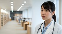 Female healthcare professional of East Asian descent wearing white medical coat and stethoscope in modern clinic corridor with blurred reception area background.