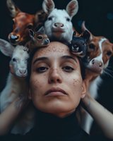 Young woman with freckles surrounded by curious farm animals including goats, deer and rabbits in dreamy atmospheric portrait composition against dark background.