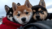 Three adorable Shiba Inu puppies with fluffy coats snuggling together outdoors, perfect for pet care, animal lover content, and heartwarming campaigns.