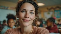 Young Caucasian female teacher smiling warmly in classroom with diverse students in background, education and learning environment for school materials.
