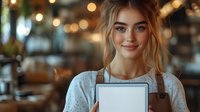 Young female barista in brown apron and white sweater holding blank digital tablet in cafe with warm bokeh lights background, looking at camera with friendly smile.