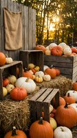 Rustic autumn harvest display with orange and white pumpkins, wooden crates, hay bales and burlap sack against weathered fence at golden sunset.
