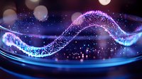 Glowing blue and purple wave of particles flowing through dark space with bokeh light effects creates magical atmospheric background.