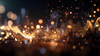 Magical glowing golden light trail with sparkling bokeh particles and shimmering dust on dark background, creating atmospheric festive mood.