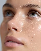 Close-up of glowing hydrated skin with water droplets showing dewy complexion and natural makeup look, highlighting moisturized facial features and radiant skincare results.