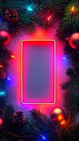 Glowing neon frame surrounded by Christmas decorations, pine branches, red baubles and pinecones with colorful LED lights creating festive atmosphere.