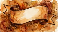 Watercolor vintage ribbon banner with warm brown tones and floral swirls, offering blank space for custom text or design elements.
