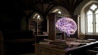 Gothic library interior with glowing purple brain hologram floating above antique wooden desk, medieval arches and bookshelves creating atmospheric study space.