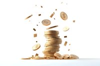 Stack of golden coins falling and scattering on white surface, creating dynamic composition with floating money pieces and financial abundance concept.