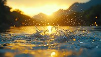 Water splash creating crown-shaped droplets against golden sunset light over mountain lake, with bokeh effect and sun reflection on rippling surface.