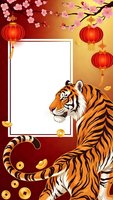 Chinese New Year tiger frame with red lanterns, cherry blossoms and gold coins on gradient background with blank space for text or photos.