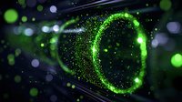 Glowing green particles form luminous spiral trails against dark background with bokeh light effects and dynamic motion streaks creating magical atmosphere.